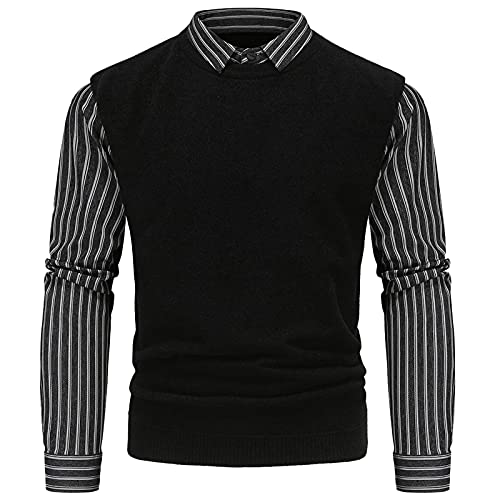 Herren Strickpullover 2 in 1 Hemd Kragen Winter-Pullover mit Hemdkragen Mock Hemd Strick-Pulli Weiche Feinstrick Pullover Langen Ärmeln Pulli Sweater Männer Lässig Strickjacke Warme Langarm-Hemd von PODOLIXIA