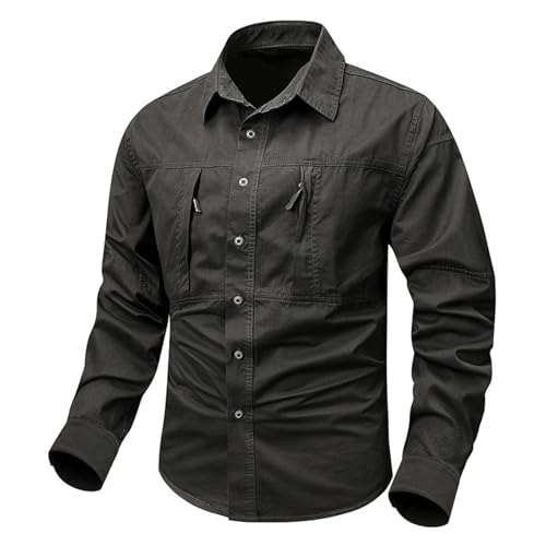 Herrenhemden Langarm Regular Fit Bügelfrei Freizeithemden für Herren mit Reißverschlusstaschen und Knopfleiste Stretch Langärmeliges Oberhemd Atmungsaktiv Männer Jagdhemd Button-Down Herrenhemd von PODOLIXIA
