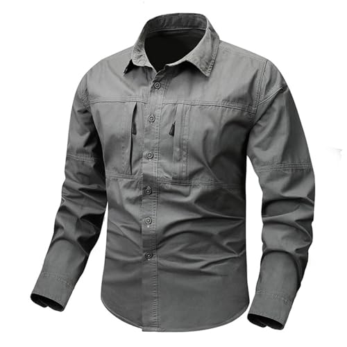 Herrenhemden Langarm Regular Fit Bügelfrei Freizeithemden für Herren mit Reißverschlusstaschen und Knopfleiste Stretch Langärmeliges Oberhemd Atmungsaktiv Männer Jagdhemd Button-Down Herrenhemd von PODOLIXIA