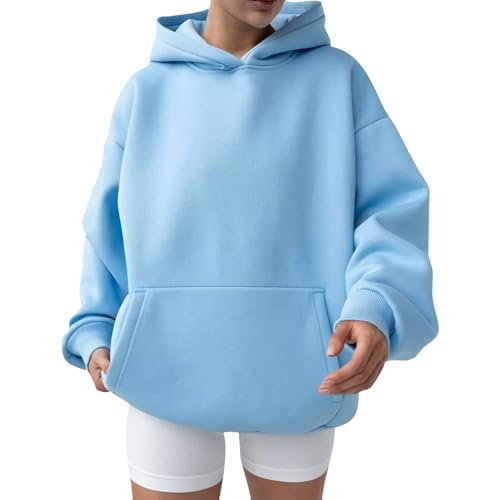 Hoodie Damen Oversize Casual Solid Color Hooded Pullover Langarm Kapuzenpullover Damen Herbst Winter Loose Hoodies Übergröße Damen Sweatshirt mit Kapuze Langarmshirt mit Tasche von PODOLIXIA