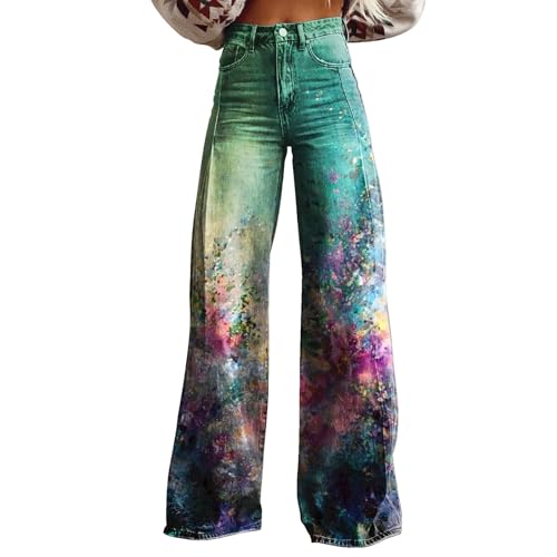 Jeans Damen Weites Bein Hose High Waist Stretchy Baggy Jeans mit Hip Hop/Vintage Bedruckte Lässiger Lose Denim Damenhosen Breites Bein Jeanshose von PODOLIXIA