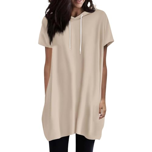 Kapuzen T-Shirt Damen Kurzärmeliges Longshirt Sommer Solid Color Frauen Oberteile Lang Kapuzenshirt mit Tunnelzug Loose Casual Hoody von PODOLIXIA