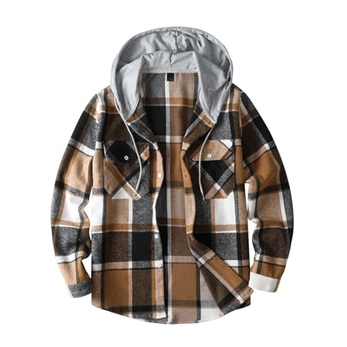 Karierte Hemden Herren Lange Ärmel mit Kapuze Freizeithemd mit Knöpfe Check Shirt Lässiges Kapuzenshirt Baumwolle Holzfäller Hemd Herbst Winter Kapuzen Mantel von PODOLIXIA