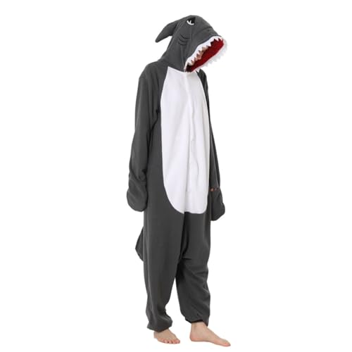 Kostüme Einteiler für Erwachsene, Onesie Schlafanzug Pyjama Weihnachten Nachtwäsche Haifisch-Form Overall Cosplay Damen Herren Unisex Kuschelig Karneval Polar-Fleece Jumpsuit mit Knopfleiste von PODOLIXIA