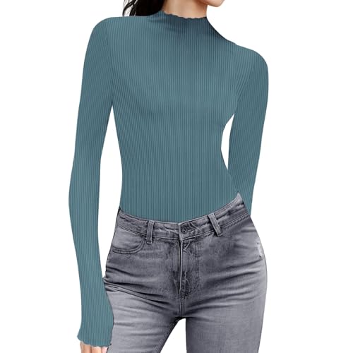 Langarmshirt Damen Stretch Eng Basic T-Shirt Stehkragen mit Rüschen Langärmeliges Rippe Oberteile Teenager Mädchen Y2K Langarmshirts Freizeit Unterhemden von PODOLIXIA