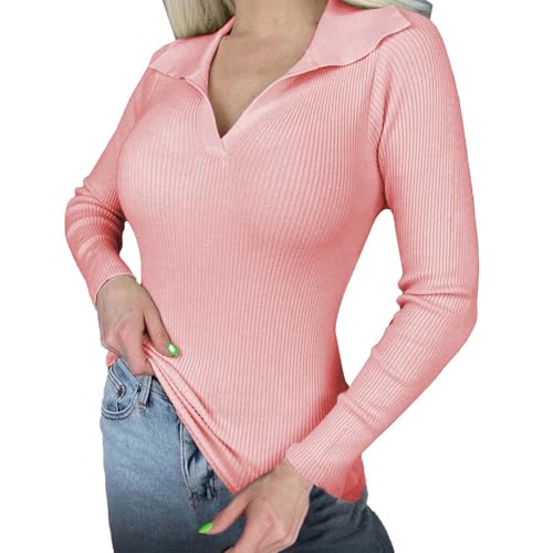 Langarmshirt Damen V-Ausschnitt Eng Gestrickt Gerippter Basic Shirt Frauen Slim Fit Oberteile Damen Sexy mit Polo-Kragen Rippe Pullover Damen Unterhemden Einfarbig Basic Top Langarm Pulli von PODOLIXIA