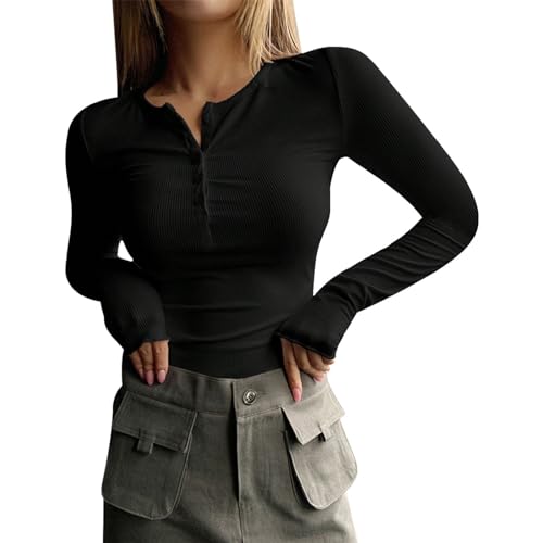Langarmshirts für Damen Henley Shirt Slim Fit Rippe V-Ausschnitt Langärmeliges T-Shirt mit Knöpfe Tunika Women's Basic Tops Gestreift Casual Unterhemd von PODOLIXIA