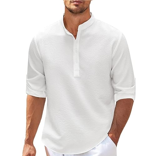 Langarmshirts für Herren Stehkragen mit Halbe Knopfleiste Hemd Herren Langarm Gestrickt Waffel Kariert Freizeithemden für Herren Einfarbig Herren Hemden Langarm Bügelfrei Oberhemd mit Knöpfen von PODOLIXIA