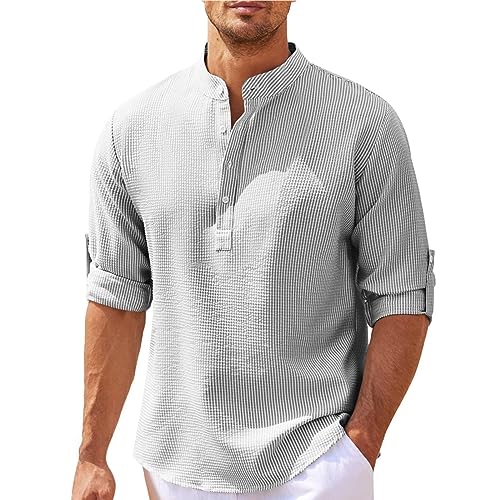 Langarmshirts für Herren Stehkragen mit Halbe Knopfleiste Hemd Herren Langarm Gestrickt Waffel Kariert Freizeithemden für Herren Einfarbig Herren Hemden Langarm Bügelfrei Oberhemd mit Knöpfen von PODOLIXIA