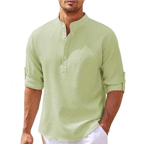 Langarmshirts für Herren Stehkragen mit Halbe Knopfleiste Hemd Herren Langarm Gestrickt Waffel Kariert Freizeithemden für Herren Einfarbig Herren Hemden Langarm Bügelfrei Oberhemd mit Knöpfen von PODOLIXIA