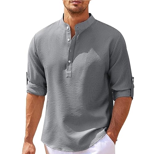 Langarmshirts für Herren Stehkragen mit Halbe Knopfleiste Hemd Herren Langarm Gestrickt Waffel Kariert Freizeithemden für Herren Einfarbig Herren Hemden Langarm Bügelfrei Oberhemd mit Knöpfen von PODOLIXIA