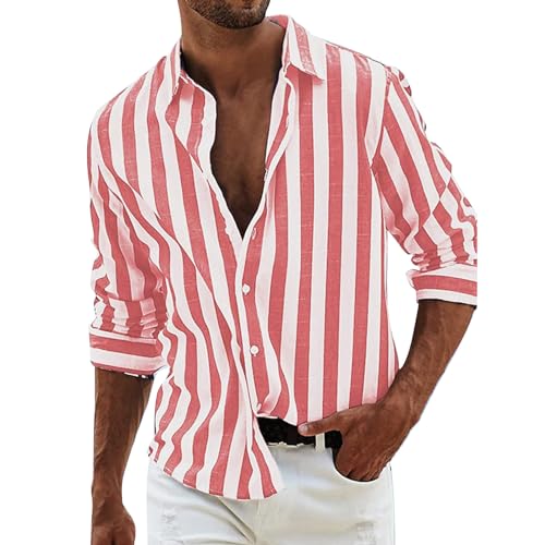 Leinenhemd Herren Hemd Lange Ärmel Sommer Langarmhemd Streifen Freizeithemden Leinen Shirt Regular Fit Lässiges Strandhemd mit Knopfleiste von PODOLIXIA