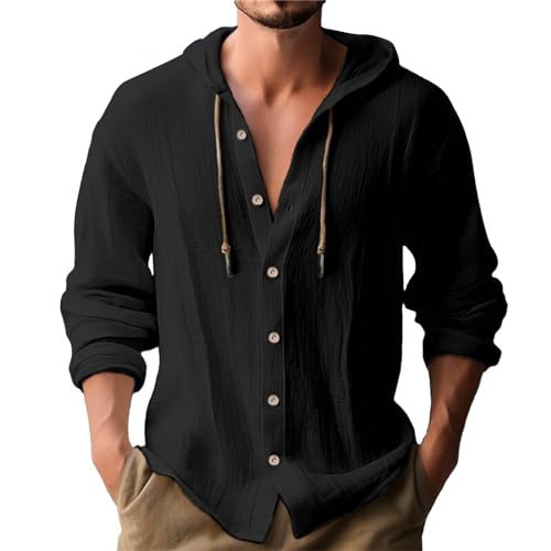 Leinenhemd Herren Hemd mit Kapuze Sommer Leicht Dünn Langarm/Kurzarm Baumwolle & Leinen Knöpfe-Hoodie Button-Down Kapuzenhemd Solid Color Männer Freizeithemd Lässiger Kapuzenshirt von PODOLIXIA