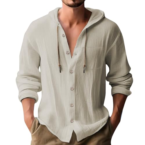 Leinenhemd Herren mit Kapuze Tasche Sommerhemd Hooded Hemd Herren Langarm Hoodies für Männer mit Knopfleiste Freizeithemden Button-Down Langarmshirt Urlaub Strandhemd Hawaii Hemd Männer Oberhemd von PODOLIXIA
