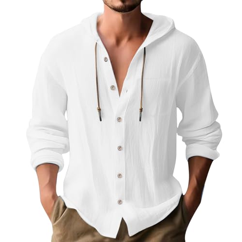 Leinenhemd Herren mit Kapuze Tasche Sommerhemd Hooded Hemd Herren Langarm Hoodies für Männer mit Knopfleiste Freizeithemden Button-Down Langarmshirt Urlaub Strandhemd Hawaii Hemd Männer Oberhemd von PODOLIXIA