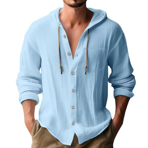 Leinenhemd Herren mit Kapuze Tasche Sommerhemd Hooded Hemd Herren Langarm Hoodies für Männer mit Knopfleiste Freizeithemden Button-Down Langarmshirt Urlaub Strandhemd Hawaii Hemd Männer Oberhemd von PODOLIXIA