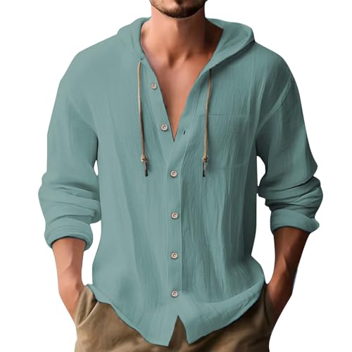 Leinenhemd Herren mit Kapuze Tasche Sommerhemd Hooded Hemd Herren Langarm Hoodies für Männer mit Knopfleiste Freizeithemden Button-Down Langarmshirt Urlaub Strandhemd Hawaii Hemd Männer Oberhemd von PODOLIXIA