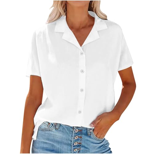 Musselin Bluse Damen Kurzarm Sommer Leinenbluse Damen Sommer, Slim fit Kuban Kragen Einfarbig Damen Hemdbluse Sommerbluse Leicht Leinen Shirt mit Knopfleiste Lässiges Oberteile Damen Sommer von PODOLIXIA