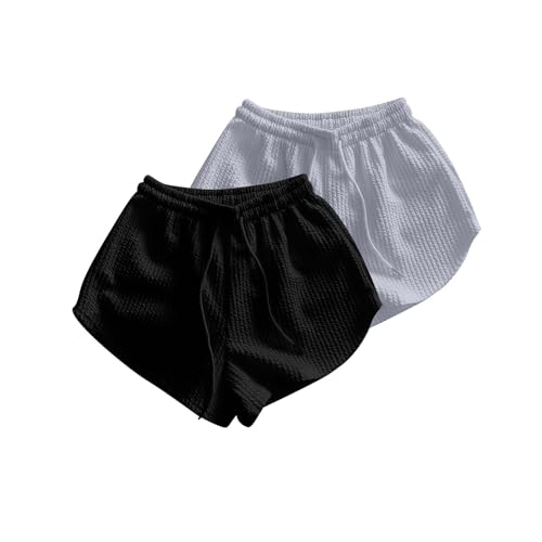 PODOLIXIA 2er Pack Sport Shorts Damen, Kurze Sporthose Damen, Meliert Laufshorts Atmungsaktiv Running Fitness Gym Shorts Baggy Frauen Yoga Shorts mit Gummizug und Kordelzug von PODOLIXIA
