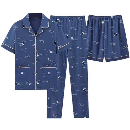 PODOLIXIA 3 Stück Schlafanzug Herren 3pcs Pyjamas Set Baumwolle Kurzen Ärmeln Schlafanzug mit Knopfleiste Button Down Pjs Herren Sleepwear Nachtwäsche Loungewear von PODOLIXIA