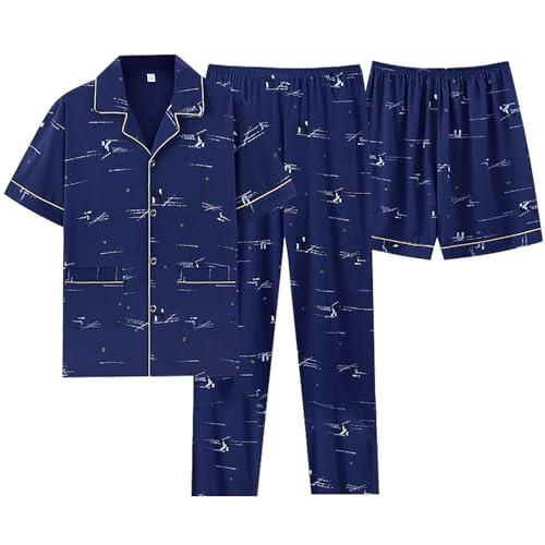 PODOLIXIA 3 Teiler Schlafanzug Herren 3pcs Pyjamas Set Baumwolle Kurzen Ärmeln Schlafanzug mit Knopfleiste Button Down Pjs Männer Nightwear Nachtwäsche Homewear von PODOLIXIA