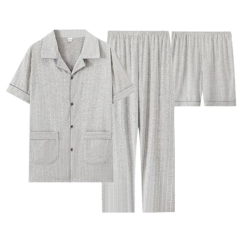 PODOLIXIA 3 Teiler Schlafanzug Herren 3pcs Pyjamas Set Baumwolle Kurzen Ärmeln Schlafanzug mit Knopfleiste Button Down Pjs Männer Nightwear Nachtwäsche Homewear von PODOLIXIA