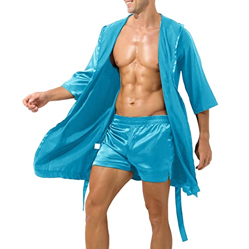 PODOLIXIA Bademäntel für Herren mit Kapuze Satin Morgenmantel Herren Kimono Robe Kurz Leicht Bademantel für Männer mit Gürtel 3/4 Ärmel Nachtwäsche Freizeit Pyjamas von PODOLIXIA