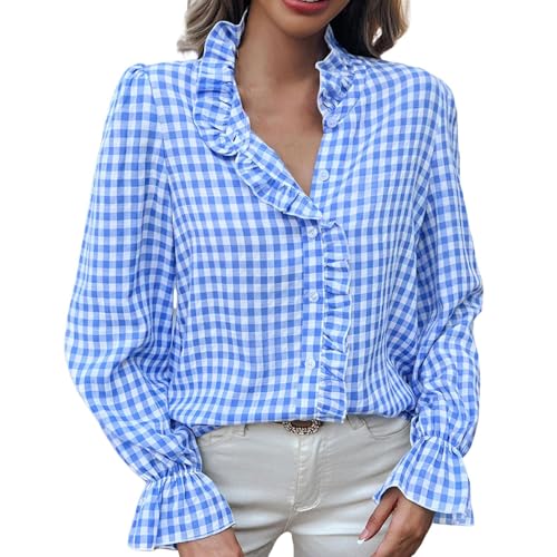 PODOLIXIA Bluse Damen Sommer Langarm Hemdbluse mit Rüschen und Knopfleiste Check Damenblusen Kariertes Hemd Lange Ärmel Karohemd Frauen Holzfällerhemd Trachtenbluse von PODOLIXIA