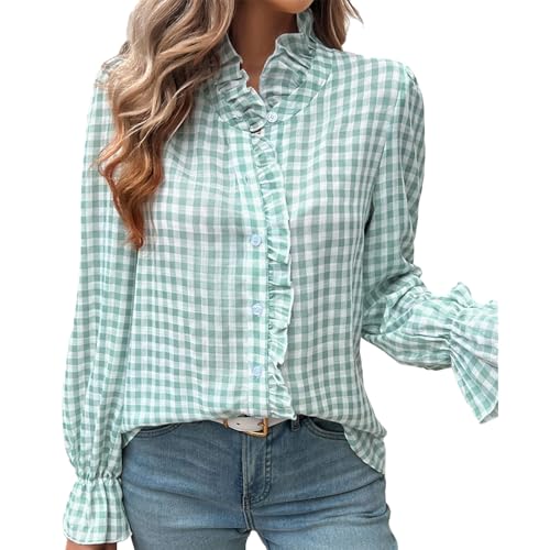 PODOLIXIA Bluse Damen Sommer Langarm Hemdbluse mit Rüschen und Knopfleiste Check Damenblusen Kariertes Hemd Lange Ärmel Karohemd Frauen Holzfällerhemd Trachtenbluse von PODOLIXIA
