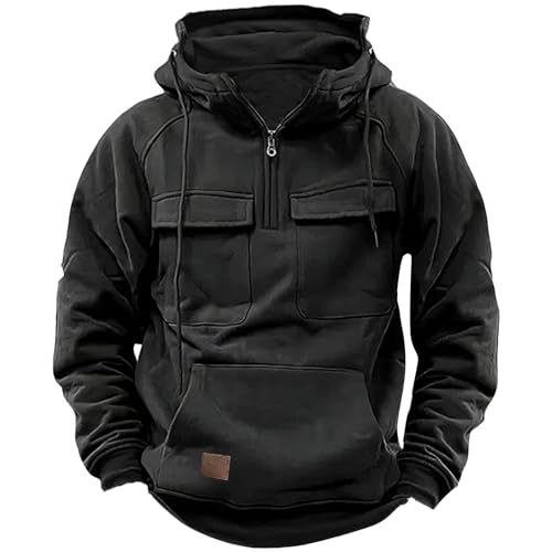 PODOLIXIA Cargo Hoodie Herren, Hoher Kragen 1/4 Zipper Ausschnitt Kapuzenpullover mit Reißverschluss und 3 Tasche Einfarbig Men's Langarm Hoody Pullover Lässiges Herbst Tactical Oberteile von PODOLIXIA