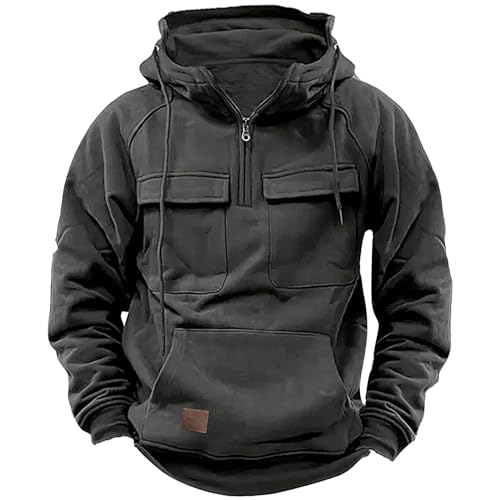 PODOLIXIA Cargo Hoodies Herren, Hoher Kragen 1/4 Zipper Ausschnitt Kapuzenpullover mit Reißverschluss und 3 Tasche Einfarbig Männer Langärmeliges Hooded Pullover Lässiger Herbst Tactical Oberteile von PODOLIXIA