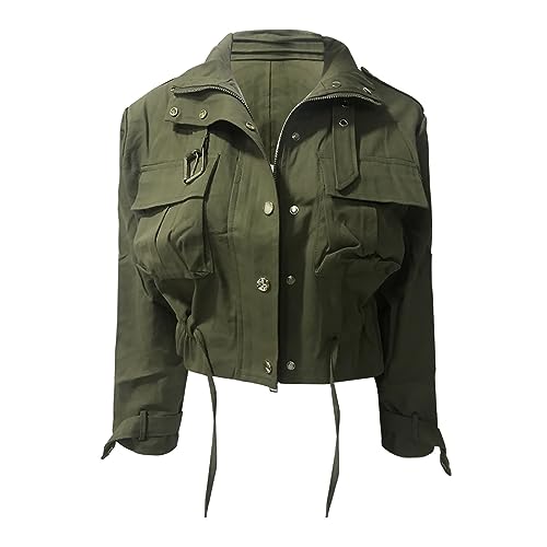 PODOLIXIA Cargo-Jacke Damen Kurz Jacke Mode Frauen Übergangsjacke Revers Hoher Kragen Steampunk Motorcycle Jacket mit Große Taschen und Reißverschluss Druckknopfleiste Frauenjacke von PODOLIXIA