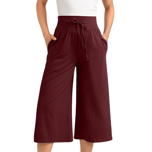 PODOLIXIA Damen 3/4 Culotte Hose Leichte Weites Bein Sommerhose Baggy Sommer Capri Hose mit Tunnelzug Palazzo Freizeithosen Einfarbig Stoffhose High Waist Yogahose von PODOLIXIA