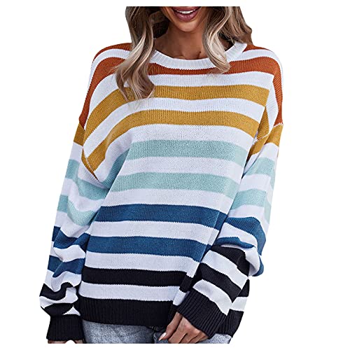 PODOLIXIA Damen Casual Strick-Pullover Streifen Crew Neck Winterpullover Color-Block Stricken Sweater Warmes Strickcardigan Oberteile Frühling Herbst Langen Ärmeln Feinstrickpullover Mäntel von PODOLIXIA