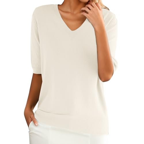 PODOLIXIA Damen Pullover Sommer, Kurzarm Pullover Damen, Kurzarmpullover Damen, Stricktop Damen Sommer, Leicht Strick Sweatshirt Elegante, Strickpulli Halbe Ärmel V-Ausschnitt Sweater von PODOLIXIA