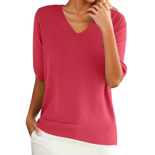 PODOLIXIA Damen Pullover Sommer, Kurzarm Pullover Damen, Kurzarmpullover Damen, Stricktop Damen Sommer, Leicht Strick Sweatshirt Elegante, Strickpulli Halbe Ärmel V-Ausschnitt Sweater von PODOLIXIA