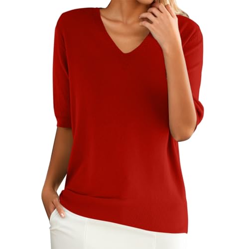 PODOLIXIA Damen Pullover Sommer, Pullover Damen Kurzarm, Kurzarmpullover Damen, Stricktop Damen Sommer, Leicht Strick Sweatshirt Elegant, Strickpulli mit Halbarm V-Ausschnitt Sweater von PODOLIXIA