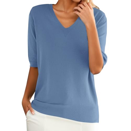 PODOLIXIA Damen Pullover Sommer, Pullover Damen Kurzarm, Kurzarmpullover Damen, Stricktop Damen Sommer, Leichte Strick Sweatshirt Elegante, Strickpulli mit Halbarm V-Ausschnitt Sweater von PODOLIXIA