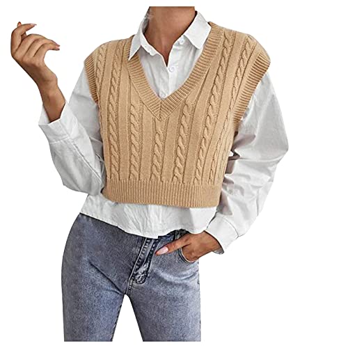 PODOLIXIA Damen Pullunder Kurz Ärmelloses V-Ausschnitt Strickpullover mit Gestrickter Zopfmuster Jacquard Strickweste Casual Strickpulli Stilvoll Strick Tank Top von PODOLIXIA