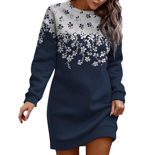 PODOLIXIA Damen Sweatkleid Langarm Kleider Rundhalsausschnitt Blumenmuster Bedrucken Sweatshirt Dress Lässiges Elegant Frauen Longshirt Tops Minikleider ohne Kapuze Herbst Freizeitkleid von PODOLIXIA