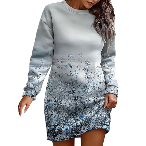 PODOLIXIA Damen Sweatkleid Langarm Kleider Rundhalsausschnitt Blumenmuster Bedrucken Sweatshirt Dress Lässiges Elegant Frauen Longshirt Tops Minikleider ohne Kapuze Herbst Freizeitkleid von PODOLIXIA