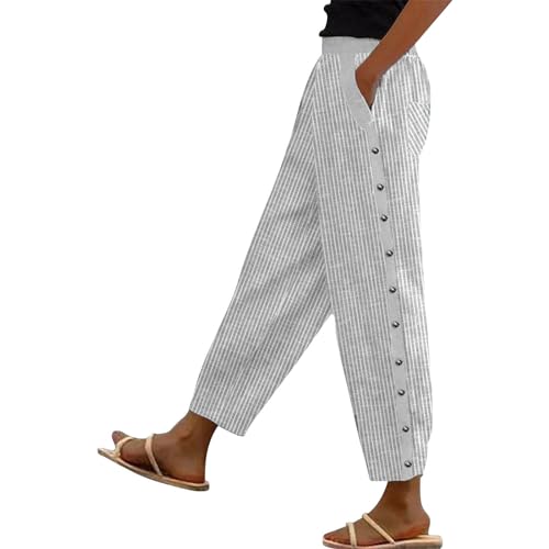 PODOLIXIA Gestreift Hose Damen 3/4 Lang Capri Hose mit seitliche Zierknopf Sommer Geradem Bein Freizeithosen Elastischer Gürtel Frauen blau-weiß Striped Pants Freizeit Sommerhose von PODOLIXIA