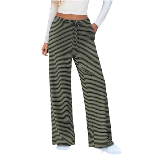 PODOLIXIA Gestreift Hose Damen Weites Bein Herbst High Waisted Strickhose Damen mit Streifen Baggy Weitem Bein Freizeithose Sport Hose Kontraststreifen Jogginghose mit Kordelzug von PODOLIXIA