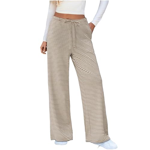 PODOLIXIA Gestreift Hose Damen Weites Bein Herbst High Waisted Strickhose Damen mit Streifen Baggy Weitem Bein Freizeithose Sport Hose Kontraststreifen Jogginghose mit Kordelzug von PODOLIXIA