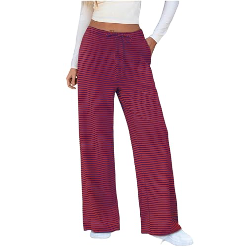 PODOLIXIA Gestreift Hose Damen Weites Bein Herbst High Waisted Strickhose Damen mit Streifen Baggy Weitem Bein Freizeithose Sport Hose Kontraststreifen Jogginghose mit Kordelzug von PODOLIXIA