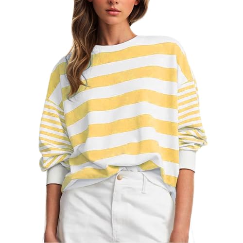 PODOLIXIA Gestreift Sweatshirt Damen ohne Kapuze Oversized Farbblock Pullover Sweatshirt Crew Neck Langärmeliges Sommer Stilvoll Langarmshirts Damen Streifen Sport Oberteile von PODOLIXIA