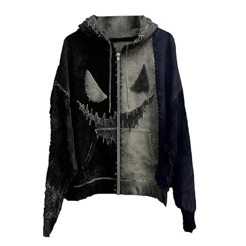 PODOLIXIA Gothic Hoodie Herren Oversize Retro Halloween Full Zip Sweatjacke mit Kapuze Sweatshirt Jacke Used-Look Hoodie Jacke Damen Reißverschluss Mittelalter Kleidung Kapuzenpullover Streetwear von PODOLIXIA