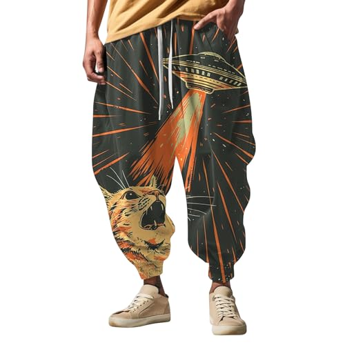 PODOLIXIA Herren Haremshose, Breit Pumphose, Lässige Pluderhose mit Lustigen Cartoon Drucken, Hip Hop Straßen-Stil, Aladinhose, Breites Bein, Freizeithose, L, Grau von PODOLIXIA