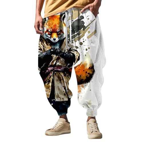 PODOLIXIA Herren Haremshose, Breit Pumphose Lässige Pluderhose mit Lustige Cartoon Drucke Hip Hop Straßen-Stil Aladinhose Herren Breites Bein Freizeithose in X3 Beige, L von PODOLIXIA