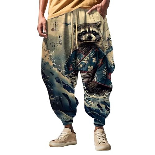 PODOLIXIA Herren Haremshose, Breit Pumphose, Lässige Pluderhose mit Lustigen Cartoon Drucken, Hip Hop Straßen-Stil, Aladinhose, Breites Bein, Freizeithose, M, Weiß von PODOLIXIA